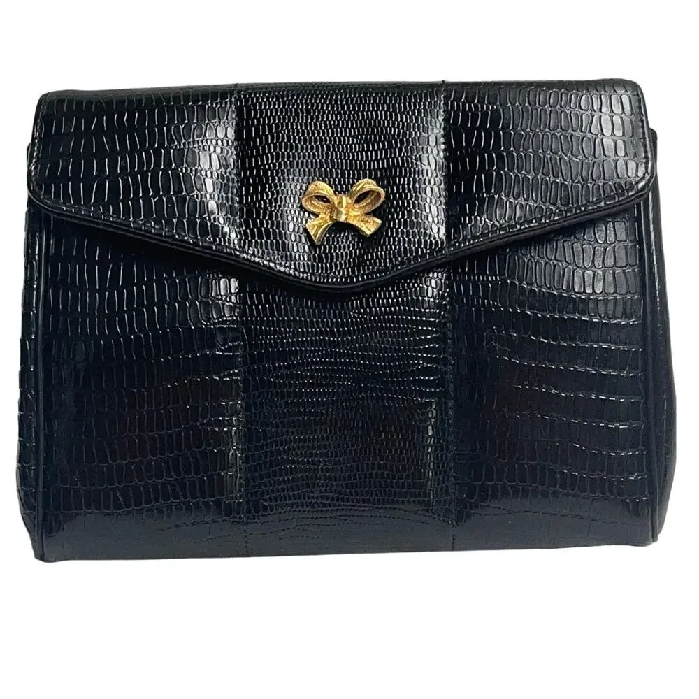 Vintage Meyers USA Black Clutch Bag Gold tone bow - Vintage Fashion Collectible